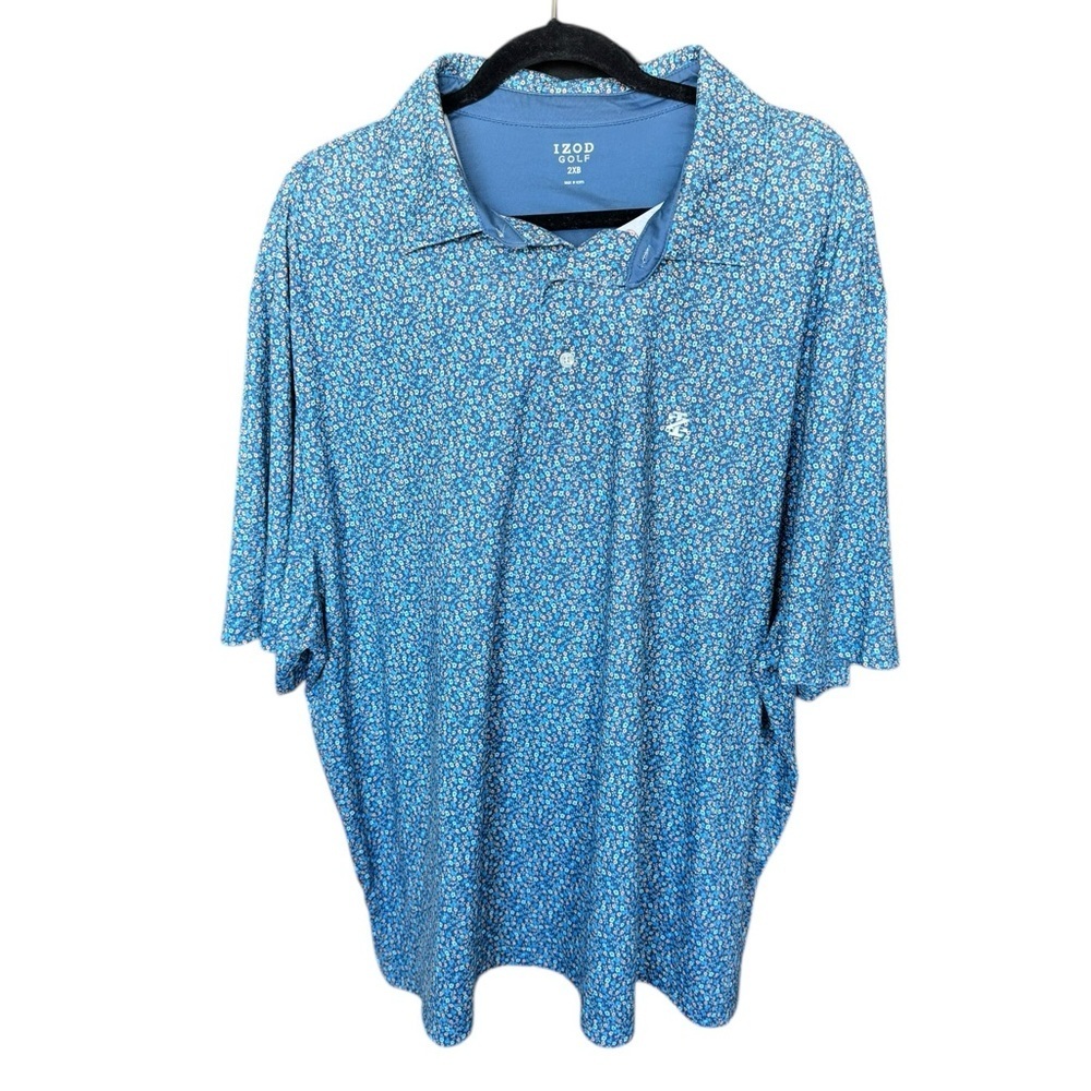 IZOD Golf Polo Shirt 2XB Blue Floral Performance Stretch Coastal Preppy Dadcore